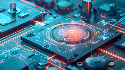 Poster - futuristic circuit board with glowing elements and intricate designs