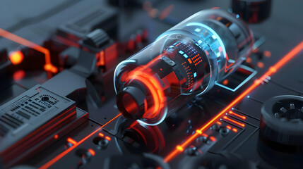 Fototapete - Futuristic glass tube on a circuit board with glowing elements and intricate details