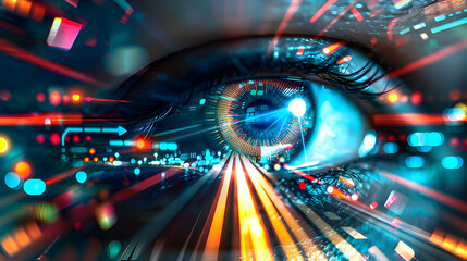 Fototapete - Close-up of a futuristic eye with vibrant digital effects and light trails