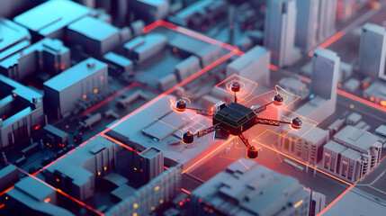 Poster - Aerial view of a futuristic cityscape with a drone surveying urban terrain