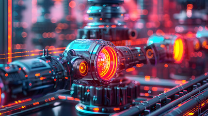 Poster - Futuristic machinery with glowing elements in a high-tech environment