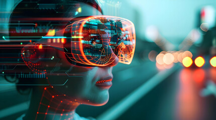 Poster - Futuristic woman wearing VR goggles, immersed in digital data on city street