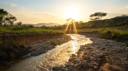 Wall Mural - Serene River Landscape At Sunset With Golden Light Streaming Through Trees. Nature'S Beauty At Its Finest.