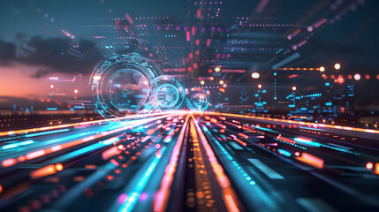 Poster - Futuristic cityscape with vibrant digital trails and glowing data streams at sunset