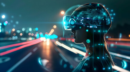 Poster - Woman wearing a virtual reality headset on a city street at night, illuminated by lights