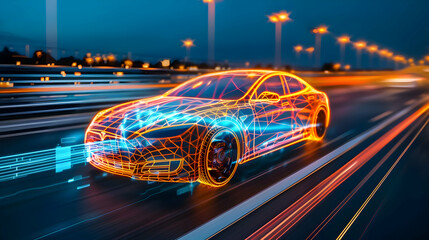 Poster - Futuristic electric car with glowing wireframe design racing on a highway at night