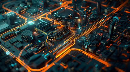 Poster - Futuristic cityscape at night with glowing neon lights and busy streets