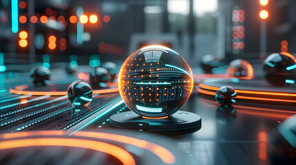 Poster - Futuristic digital landscape with glowing spheres and vibrant neon lights