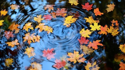 Canvas Print - Leaves drift peacefully on a pond's surface, creating a serene scene with a circular reflection of nature's beauty.