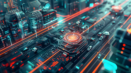 Poster - Futuristic cityscape with glowing roads and digital infrastructure at night