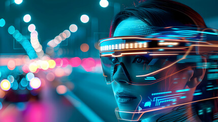 Poster - Futuristic woman wearing high-tech glasses on a vibrant city street at night