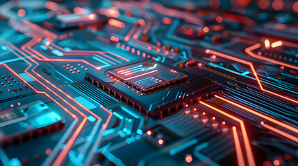 Fototapete - Close-up of a futuristic circuit board with glowing blue and red lines