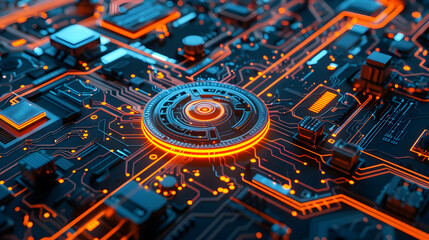 Fototapete - Abstract close-up of a glowing circuit board with intricate details and technology