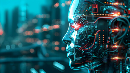 Poster - Futuristic robotic profile with glowing circuitry against a cityscape backdrop