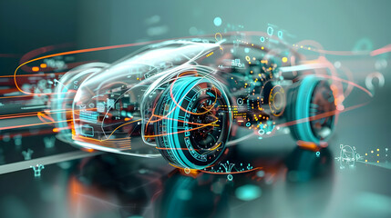 Poster - Futuristic transparent car with digital interfaces and glowing elements in a tech environment