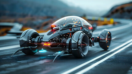 Poster - Futuristic vehicle on a winding road with a scenic backdrop and vibrant lighting