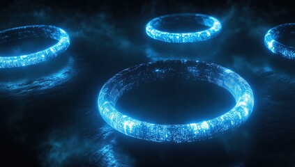 Poster - A series of glowing blue rings floating in the air, each ring representing different data points