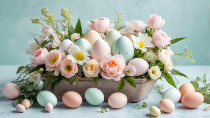 Sticker - Pastel Easter Eggs and Floral Arrangement with Roses in Soft Light Still Life