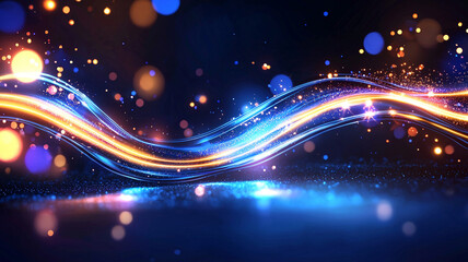 Fototapete - Dynamic Abstract Background With Flowing Waves Of Light In Blue And Orange Hues With Bokeh Effects