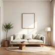 © Murtaza Nauman - square japandi-style empty frame mockup in cozy neutral minimalist living room, wooden elements, soft lighting, textured decor, serene interior