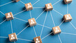 © Athiphat - digital illustration of social network graph with wooden blocks representing users connected by lines, symbolizing communication and relationships