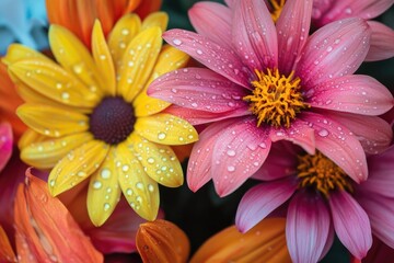 Сomposition of bright flowers of different colors with dew drops