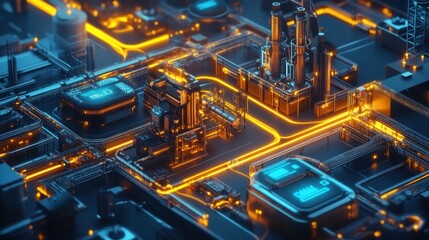 Poster - Futuristic factory infrastructure with illuminated pipes and circuits