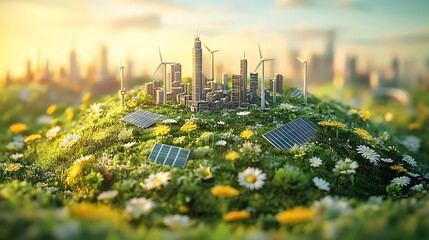 Sustainable City on a Miniature Planet, A miniature planet with a cityscape surrounded by lush greenery, solar panels, and wind turbines, symbolizing sustainable urban development and renewable energy