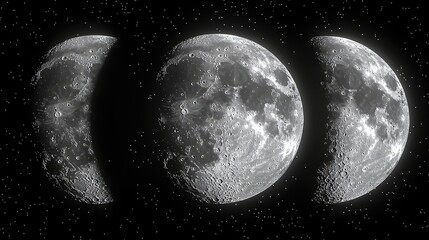 Three Phases of the Moon Showcased Against a Starry Black Background in Stunning Detail