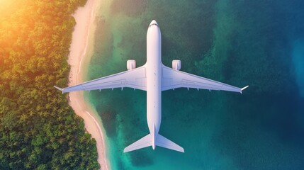 Sticker - A stunning aerial perspective captures a plane soaring above a picturesque beach, highlighting the contrast between the sand and the shimmering water below.