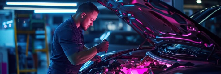 Poster - A man is working on a car engine in a garage
