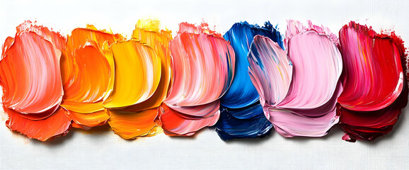 Poster - vibrant gradient of paint strokes across a white wooden surface texture