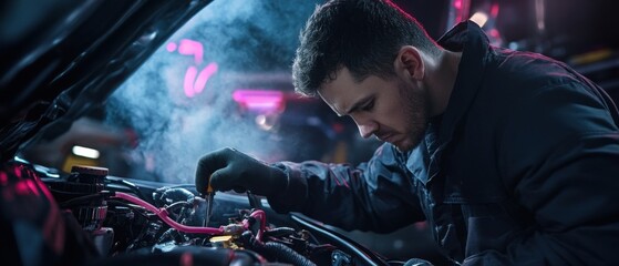 Poster - A man is working on a car engine