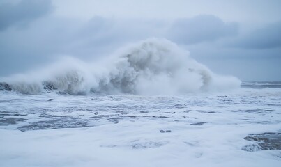 Poster - Dramatic ocean storm featuring giant crashing waves, showcasing nature's raw power.