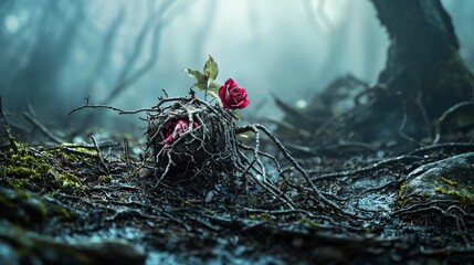 Aufkleber - Emotional healing through nature roses emerge from roots enchanted forest photography dreamy atmosphere close-up view