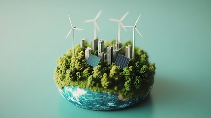 Sustainable City on a Miniature Planet, A miniature planet with a cityscape surrounded by lush greenery, solar panels, and wind turbines, symbolizing sustainable urban development and renewable energy