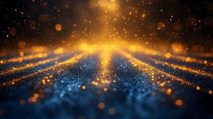 Poster - abstract golden sparkles glittering on a blue and black background with bokeh lights