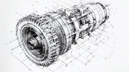 Poster - Analyzing mechanisms black and white engineering drawing workshop technical illustration industrial setting detailed view mechanical concept