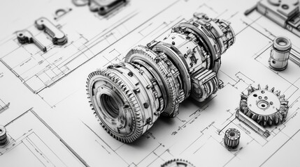 Poster - Designing mechanics a black and white engineering drawing of a machine in a workshop environment technical illustration overview