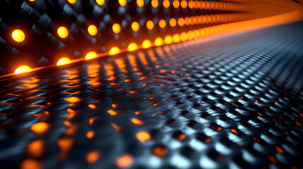 Poster - Abstract Metallic Background with a Geometric Grid Pattern and Orange Glowing Lights