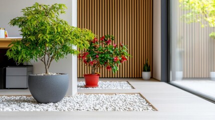 Poster - A serene indoor space featuring decorative plants, pebbles, and wooden accents, creating a modern and calming atmosphere.