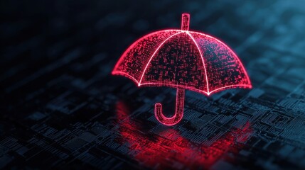 Poster - A glowing red umbrella symbolizing protection against digital threats on a dark, abstract background.