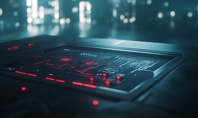 Aufkleber - Futuristic sci-fi control panel featuring floating holographic elements in a digital setting.