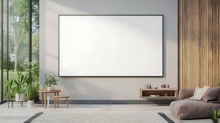 Fototapete - Modern Smart TV displayed on a minimalist wall with a blank white screen for contemporary interior design.