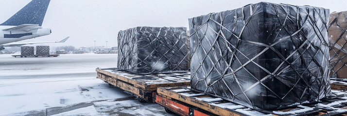 Aufkleber - Cargo plane loading process at snowy airport. Generative AI