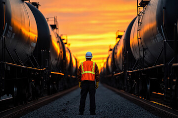 Aufkleber - Worker oversees trains at sunset in safety gear. Generative AI
