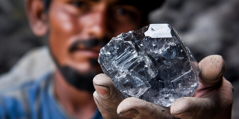 Poster - Miner presenting a large crystal after extraction efforts. Generative AI