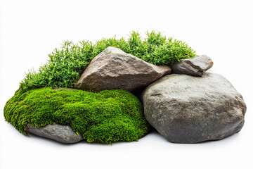 Aufkleber - Green moss on rocks in natural arrangement on white surface. Generative AI