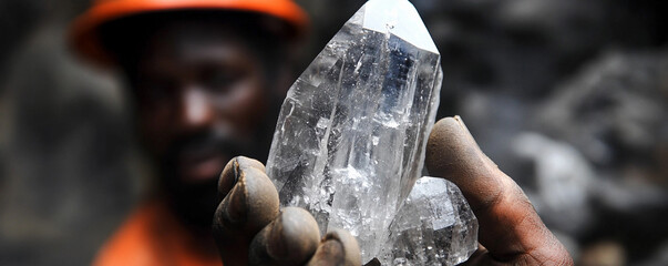 Poster - Miner holds large crystal while working underground. Generative AI