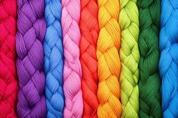 Poster - Colorful woven yarn strings create a seamless rainbow design. Generative AI